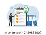 Quality management system for ISO standard, paper document with checklist, international standards for trusted goods and services