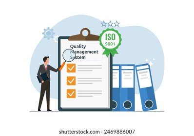 Quality management system for ISO standard, paper document with checklist, international standards for trusted goods and services