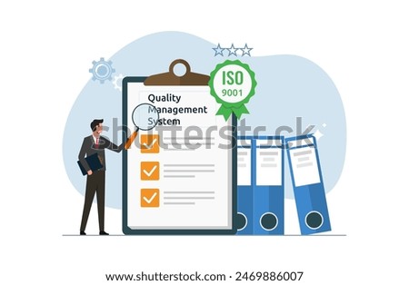 Quality management system for ISO standard, paper document with checklist, international standards for trusted goods and services