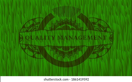 Quality management text inside green grama grass realistic emblem. Eco graceful background. Artistic illustration. 