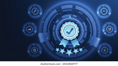 Quality management and validation process concept. Quality Assurance (QA) and Quality Control (QC), ISO certification, The icon for quality assurance is on a dark blue background.