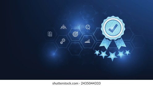 Quality management and validation process concept. Quality Assurance (QA) and Quality Control (QC), ISO certification, The icon for quality assurance is on a dark blue background.	