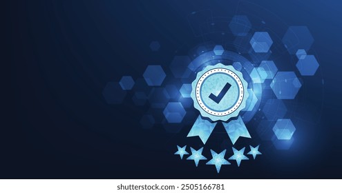 Gestión de la calidad y concepto de proceso de validación. Garantía de calidad (QA) y control de calidad (QC), certificación ISO, el icono de la garantía de calidad está en un fondo azul oscuro.