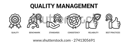 Quality Management web banner icon vector illustration concept with icons of quality, benchmark, standards, consistency, reliability, and best practices.