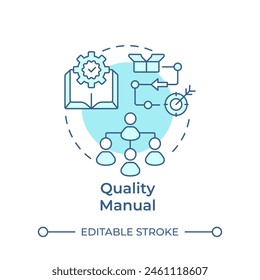 Icono de concepto suave azul manual de calidad. Desarrollo de productos, integridad. Procesar asignación. Ilustración de línea de forma redonda. Abstractas idea. Diseño gráfico. Fácil de usar en infografía, presentación
