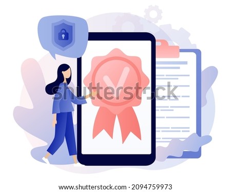 Quality mark in smartphone app. Guarantee. Quality check and control. Tiny woman choice premium product. Evaluation, expertise and inspection for errors. Modern flat cartoon style. Vector illustration