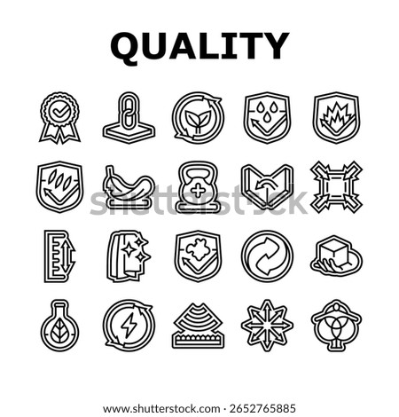 quality materials product icons set vector. durability, sustainability, reliability, innovation, performance, craftsmanship quality materials product black contour illustrations