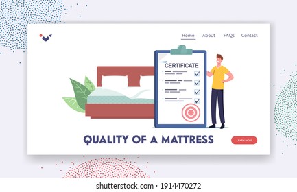 Quality of Mattress Landing Page Template. Man with Huge Certificate in Bedroom with Bed. Tiny Character Choose and Buy Correct Orthopedic Mattress for Correct Sleeping. Cartoon Vector Illustration