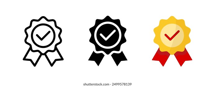 Quality medal icon. Approved checkmark award vector illustration. Warranty certificate symbol. Success reward label with red ribbon. Guarantee medal seal. Best of emblem. Prize for success stamp.