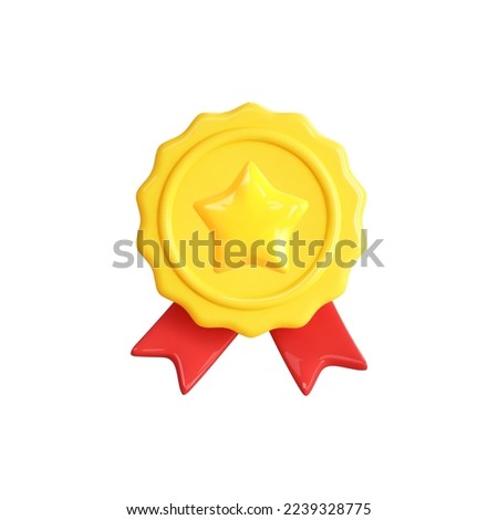 Quality medal with star. 3d golden badge, medal, certificate, guarantee label icon. Cartoon vector illustration