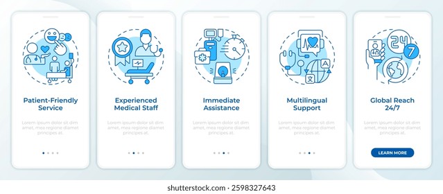Quality of medical services blue onboarding mobile app screen. Walkthrough 5 steps editable graphic instructions with linear concepts. UI, UX, GUI template
