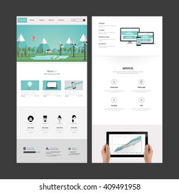 Quality One Page Website Template Vector Eps10, Modern Web Design with flat UI elements and landscape illustration. Ideal for Business layout