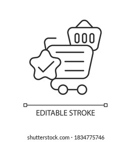 Icono lineal de compras en línea de calidad. El mejor servicio de tienda de Internet. Carro y carrito con marca de verificación. Ilustración personalizable de línea delgada. Símbolo de contorno. Dibujo de contorno aislado del vector. Trazo editable