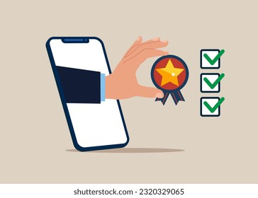 С Sie die Qualität mit der übergebenen Checkliste über das Smartphone. Flache Vektorgrafik.