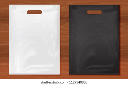 Quality Plastic Bags on wooden background,white and black plastic bag.Mockup set of Realistic Shopping Bag for branding and corporate identity design.Vector set mock up.