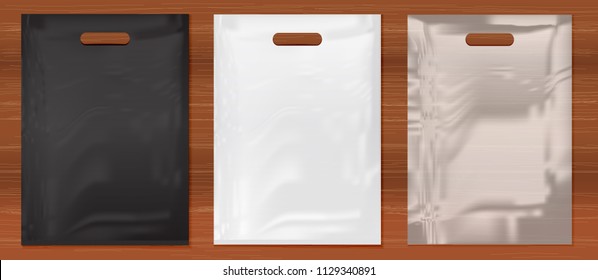 Quality Plastic Bags on wooden background,white,black,transparent plastic bag.Mockup set of Realistic Shopping Bag for branding and corporate identity design.Vector set mock up.