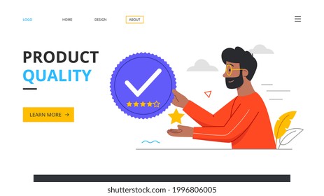 Quality product concept. Product safety and quality control. Defective product testing, inspection, customer feedback, warranty certificate. Outline flat cartoon vector illustration. Website template