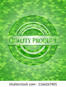 Quality Product green emblem with triangle mosaic background