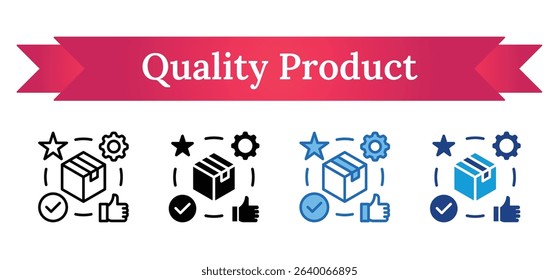 Quality Product Multi Style Icon - Package with star, checkmark, gear, and like symbolizing high-quality and efficient product delivery