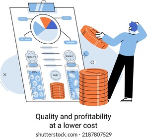 Quality And Profitability At Lower Cost. Businessman Manages Financial Growth Graph, Investment, Developing Sales Force, Coordinating Sales Operation. Management And Optimization Of Business Processes