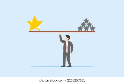 QUALITY AND QUANTITY. BUSINESSMAN TRYING TO BALANCE QUALITY AND QUANTITY, SYMBOLIZED AS BRIGHT STAR AND GREY STARS. 