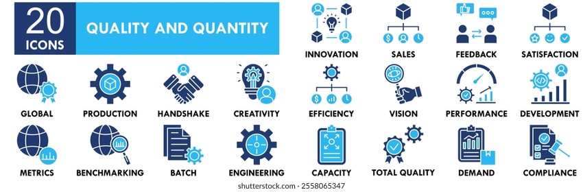 Quality and Quantity icon collection set. Containing design quality, quantity, decision, management, strategy