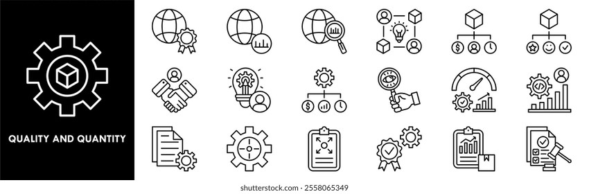 Quality and Quantity icon collection set. Containing design quality, quantity, decision, management, strategy