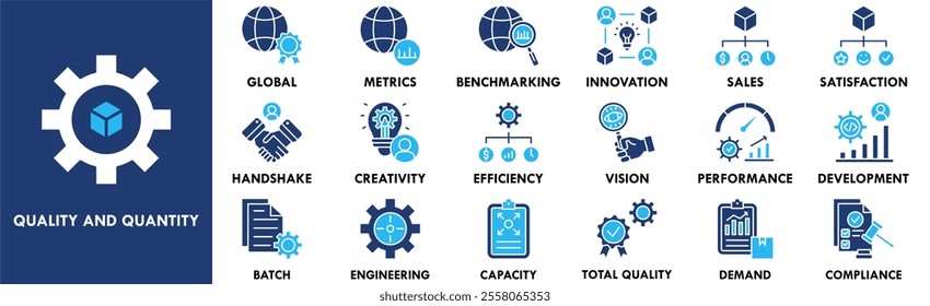 Quality and Quantity icon collection set. Containing design quality, quantity, decision, management, strategy