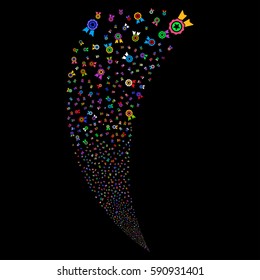Quality random fireworks stream. Vector illustration style is flat bright multicolored iconic symbols on a black background. Object fountain organized from scattered symbols.