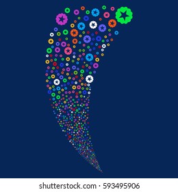 Quality random fireworks stream. Vector illustration style is flat bright multicolored iconic symbols on a blue background. Object fountain constructed from scattered pictograms.