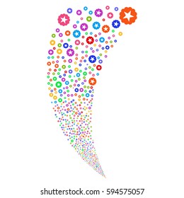 Quality random fireworks stream. Vector illustration style is flat bright multicolored iconic symbols on a white background. Object fountain organized from scattered symbols.