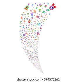 Quality random fireworks stream. Vector illustration style is flat bright multicolored iconic symbols on a white background. Object fountain organized from scattered design elements.