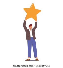 Quality Ranking, Excellent User Rating, Positive Review, Score Status Concept. Male Character Holding Huge Golden Star above Head Isolated on White Background. Cartoon People Vector Illustration