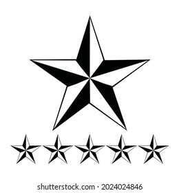 Quality rating bright icon with five stars isolated on white. Evaluation of goods, writing reviews of delivery, hotels, shops. Vector illustration