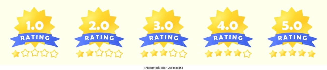 Estrellas de clasificación de calidad establecidas. Cinco de 5 estrellas. Un emblema para un sitio web o una aplicación para comentarios. Icono aislado sobre fondo blanco. Sistema de clasificación. Infografía. Ilustración vectorial.