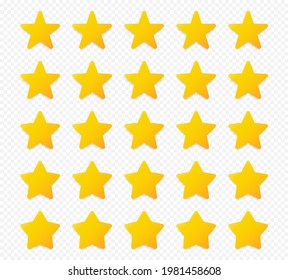 Quality rating symbols. Set of five-pointed yellow stars with shadow isolated on transparent background. Product quality assessment icons. Vector illustration.	
