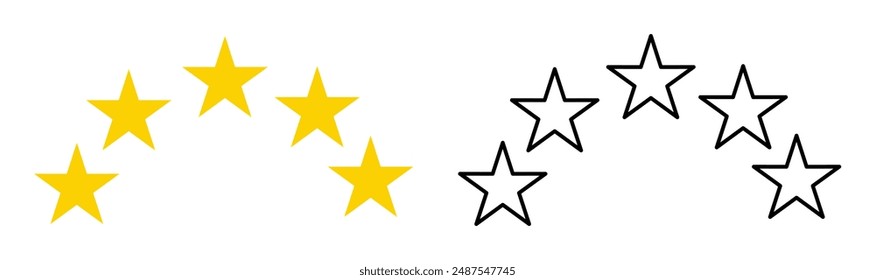 Quality rating symbols. A set of five-pointed yellow stars with a shadow arranged in an arc. Isolated on transparent background. Product quality assessment icons. Vector illustration.
