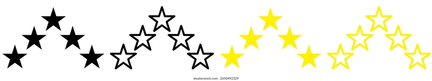 Quality rating symbols. A set of five-pointed yellow stars with a shadow arranged in an arc. Isolated on transparent background. Product quality assessment icons. Vector illustration.