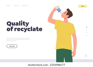 Quality of recyclate concept for landing page template with boy drinking water from recycled glass