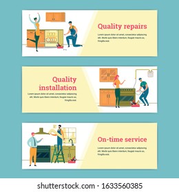 Quality Repairs, Installation, On-Time Service Horizontal Banners Set. Professional Workers Setup Technique and Supplies at Clients Home. Advertising Posters, Flyers Cartoon Flat Vector Illustration.