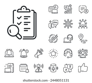 Quality research sign. Place location, technology and smart speaker outline icons. Inspect line icon. Verification review list symbol. Inspect line sign. Influencer, brand ambassador icon. Vector