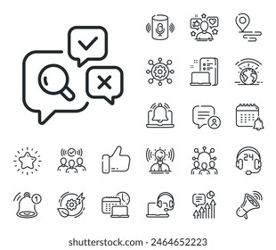 Quality research sign. Place location, technology and smart speaker outline icons. Inspect line icon. Review speech bubbles. Inspect line sign. Influencer, brand ambassador icon. Vector