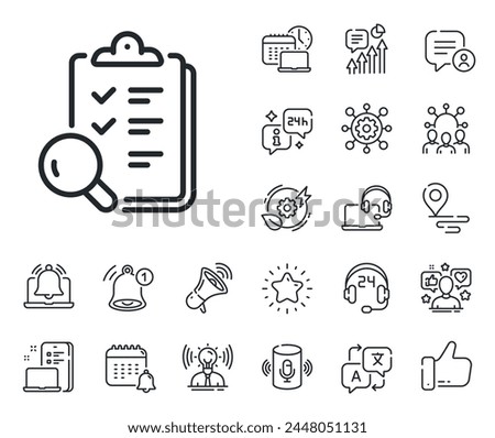 Quality research sign. Place location, technology and smart speaker outline icons. Inspect line icon. Verification review list symbol. Inspect line sign. Influencer, brand ambassador icon. Vector