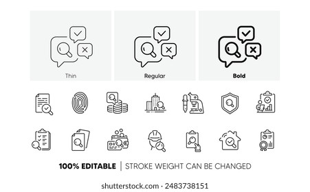 Iconos de verificación de calidad, pruebas y seguridad. Iconos de línea de inspección. Análisis de microscopio, control de calidad y verificación domiciliaria. Inspeccionar el riesgo, la investigación de seguridad y la comprobación de huellas dactilares. Vector