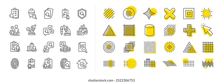 Quality research, Testing and Safety check icons. Design shape elements. Inspection line icons. Microscope analysis, quality control and house verification. Vector