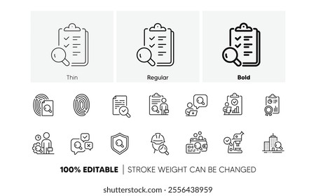 Quality research, Testing and Safety check icons. Inspection line icons. Microscope analysis, quality control and house verification. Inspect risk, safety research and fingerprint check. Vector