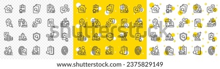 Quality research, Testing and Safety check icons. Inspection line icons. Microscope analysis, quality control and house verification. Inspect risk, safety research and fingerprint check. Vector