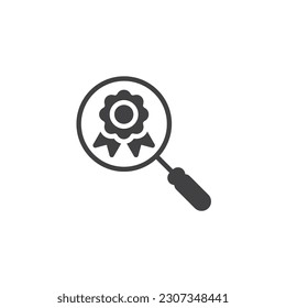 Quality research vector icon. filled flat sign for mobile concept and web design. Award badge and magnifier glyph icon. Symbol, logo illustration. Vector graphics