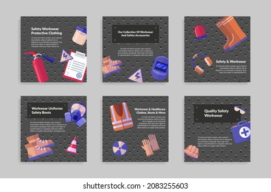 Quality safety workwear squared textured poster set vector illustration. Collection protective industrial clothing and accessories promo with place for text. Advertising boots, helmet, aid kit, vest
