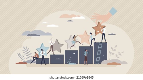 Quality satisfaction and customer rating evaluation tiny person concept. Feedback for product or service performance vector illustration. Best, average or poor business choice and consumer appraisal.